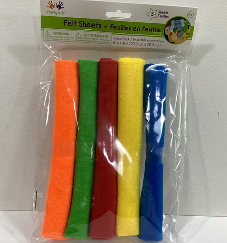 Felt Sheets 5-pack (8"x8” sheets) of 5 primary colours